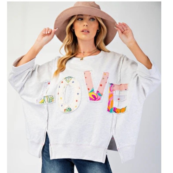 Artistic Works by Lu Tops - Artistic Works by Lu Short Sleeve Sweatshirt Small Heather Gray Patchwork Love